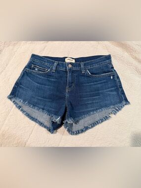 L'AGENCE Dark Blue Distressed Frayed-Hem Jean Shorts